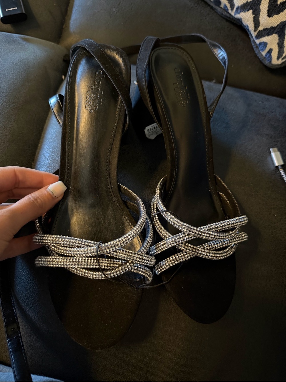 Dressy Black Slingback Heels with Crystal Straps